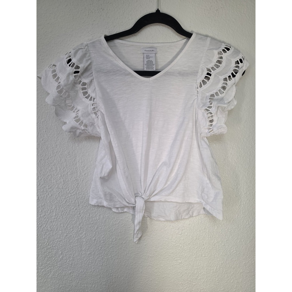 Tahari Girls Size 12 White Cotton Short Sleeve Top Blouse Shirt Boho Casual Lace